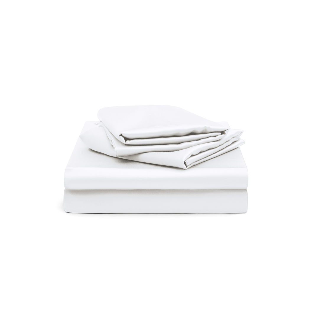 A neatly folded stack of white bed sheets and pillowcases set against a white background.