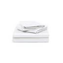 A neatly folded stack of white bed sheets and pillowcases set against a white background.