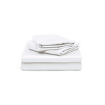 A neatly folded stack of white bed sheets and pillowcases set against a white background.