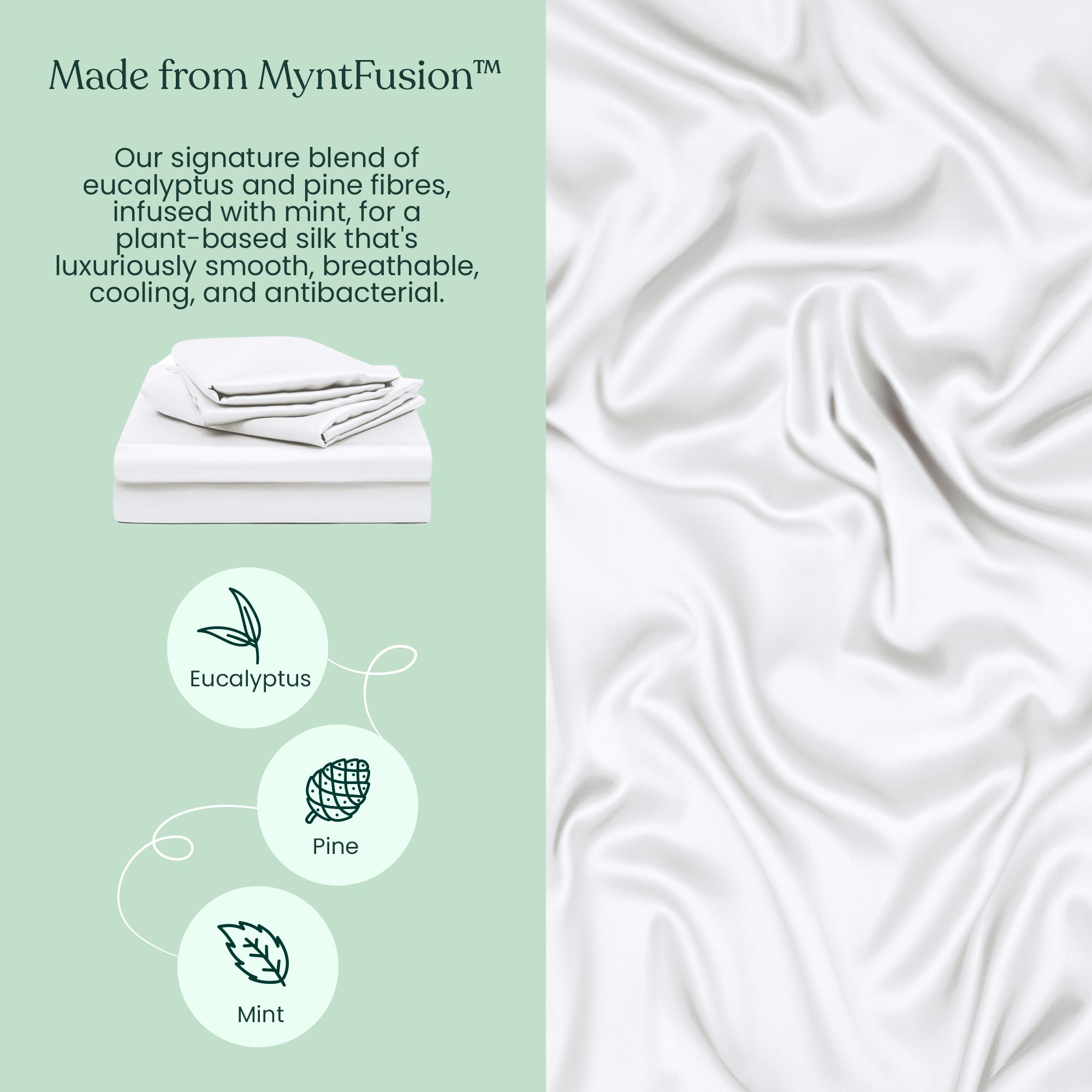 A graphic features a stack of folded white sheets with eucalyptus, pine, and mint icons. The Mynt Lab Fitted Sheet Set (3-Piece) is made from eucalyptus and pine fibers with mint for cooling, silky softness, and antibacterial benefits.