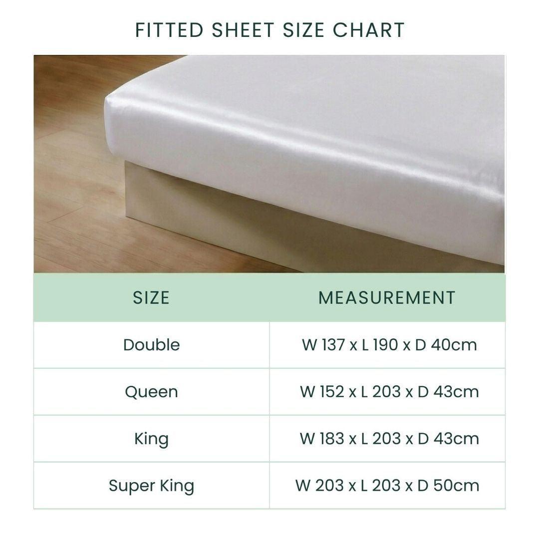 Mynt Lab’s MyntFusion™ Fitted Sheet Set (3-Piece) size chart - with a bed corner photo - shows Double, Queen, King & Super King sizes (width/length/depth in cm), perfect for deep pocket cooling fitted sheets.