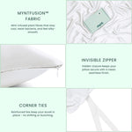 A feature collage for Mynt Lab’s MyntFusion™ Complete Bedding Bundle (5-Piece) highlights antibacterial mint-infused fabric, an overhead shot of cooling sheets with a branded tag, a close-up of an invisible zipper, and pillow corner ties with descriptions.
