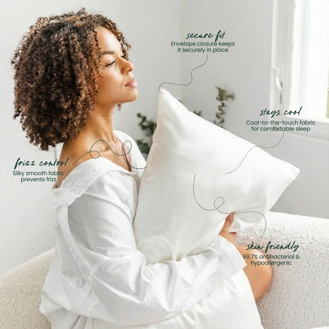 Woman holding a white pillow with text highlighting features like secure fit, cool touch, frizz control, skin friendliness, and antibacterial properties.