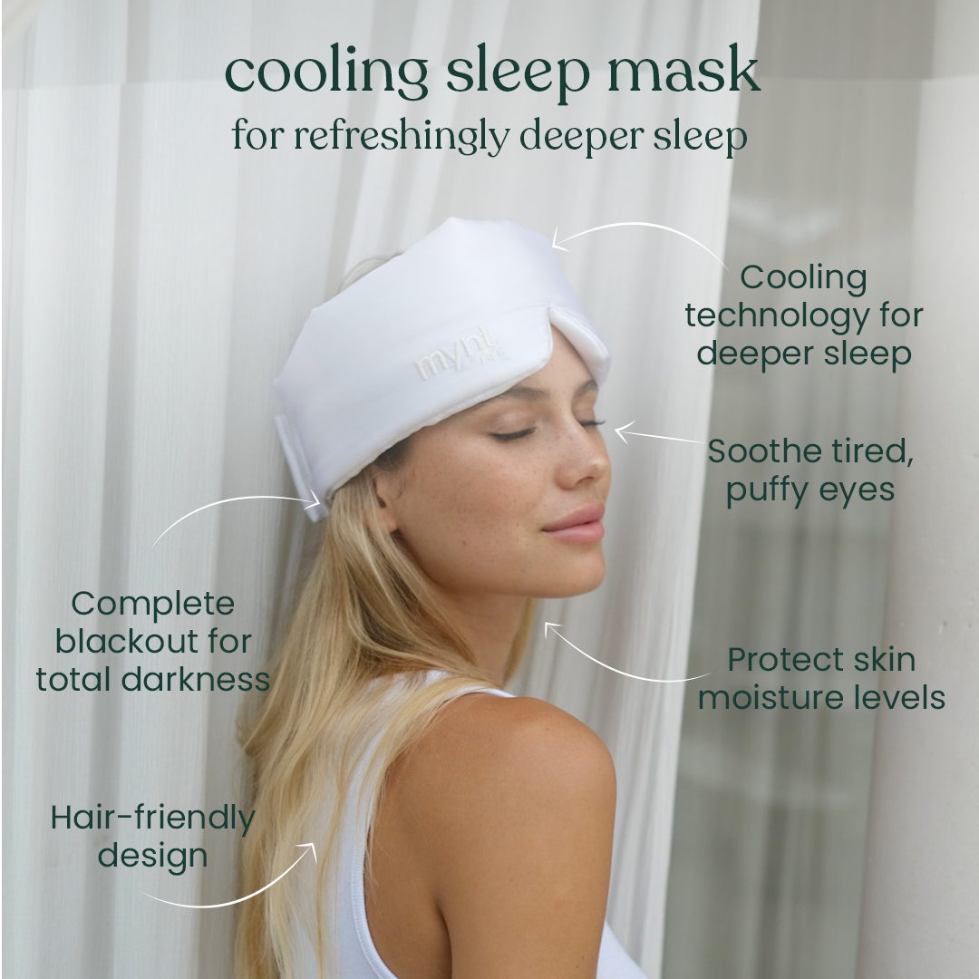 Woman wearing a cooling sleep mask with product features highlighted.
